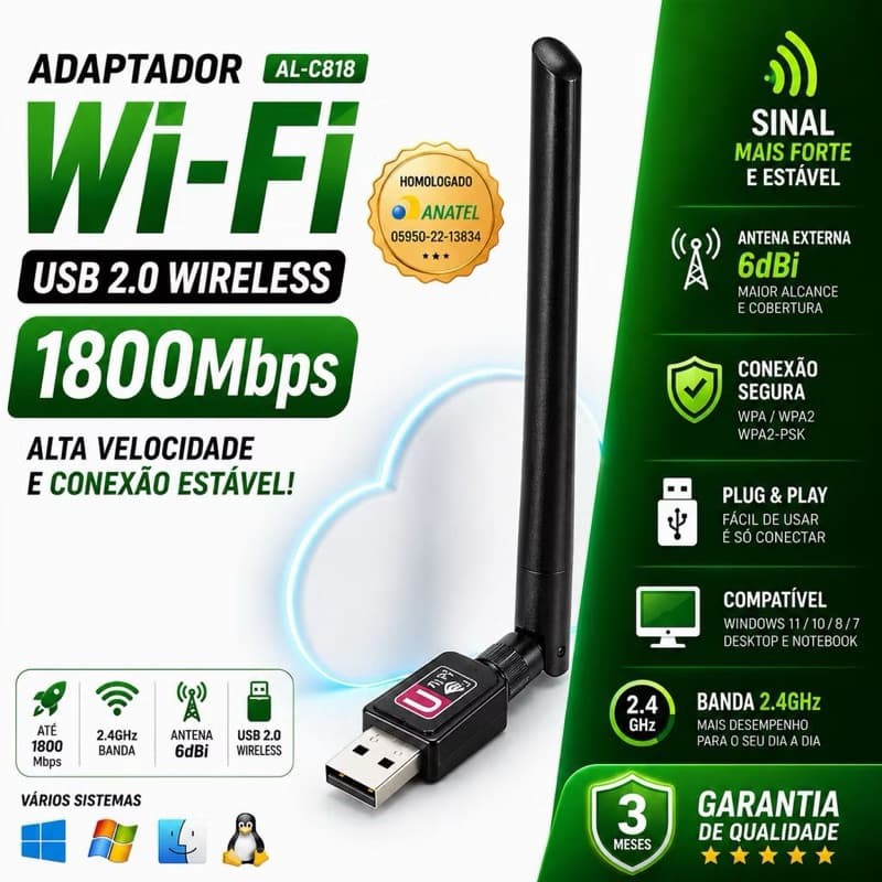 Adaptador Wi-Fi USB 1800Mbps AL-C818 5G HZ | Antena Dual Band 2.4G+5.8G | PC Notebook WIFI Plug & Play Não é USB3.0
