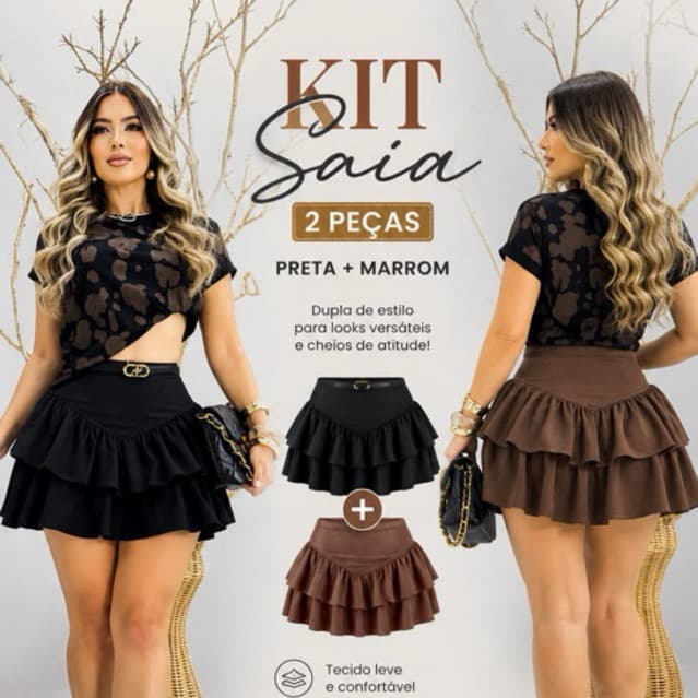 Kit 2 Shorts Saia Babado Cintura Alta Plissada em Camadas Com Zíper Lateral Tendência Moda Primavera/Verão 2026