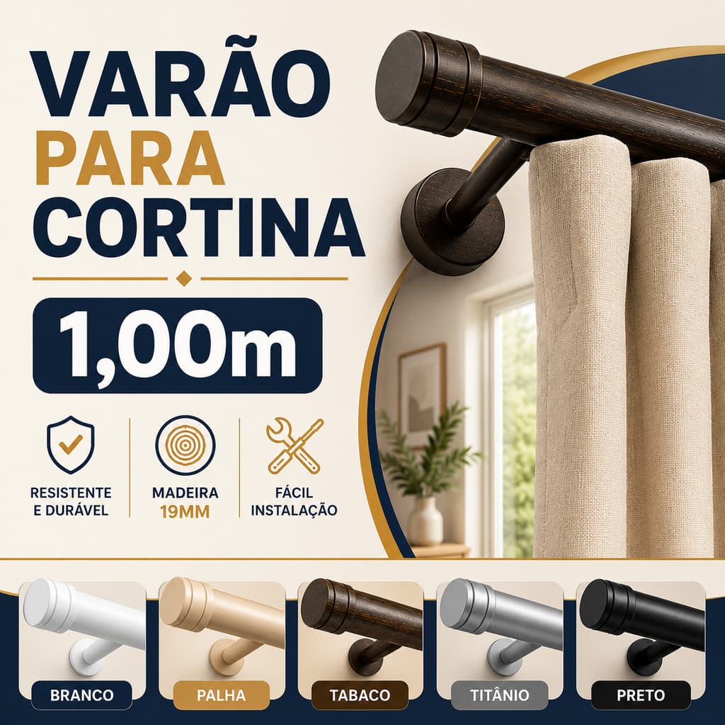 Varão Para Cortina Madeira 19mm 1 Metro Kit Completo Suportes Ponteiras Parafusos Buchas 05 Cores