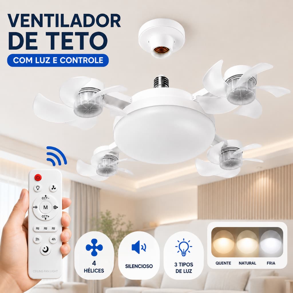 Ventilador de Teto Lustre LED Silencioso com Controle Remoto 4 Mini Helices Integradas Bivolt