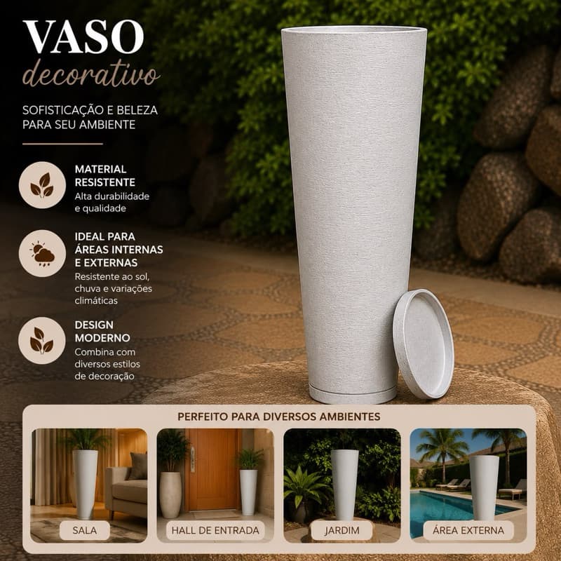 Vaso para Plantas Coluna Ibiza Escovada G 70 cm Com Prato Coletor