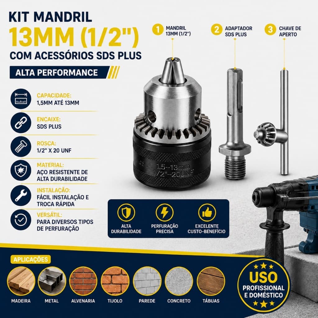 Mandril 13mm Rosca 1/2 20 Fios UNF Com Adaptador SDS Plus Para Martelete Converte Em Furadeira Profissional