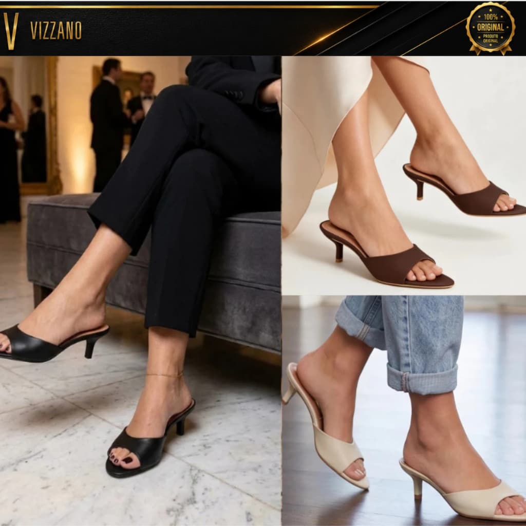 Tamanco Vizzano Feminino Bico Folha Salto Baixo Salto 4,5cm Geométrico Taça Confortável Classe fácil Mule Original