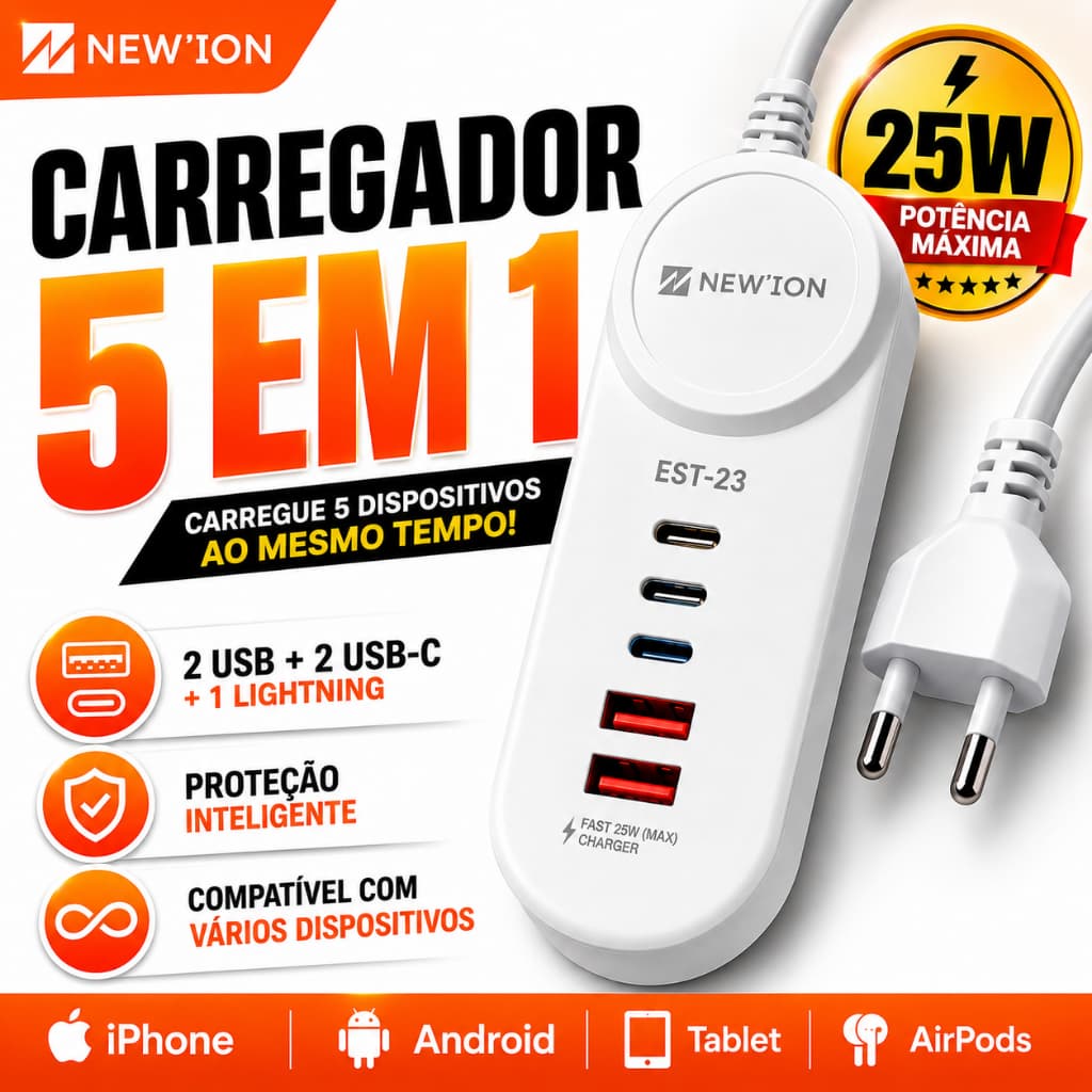 Carregador 5 em 1 com 2 USB, 2 USB-C e Lightning com Cabo de 1 Metro