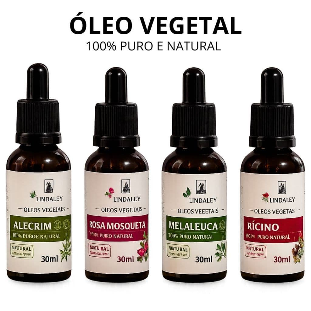 Kit 4 Óleos Vegetais 100% Puros Naturais Alecrim, Rosa Mosqueta, Melaleuca e Rícino Multibenefícios