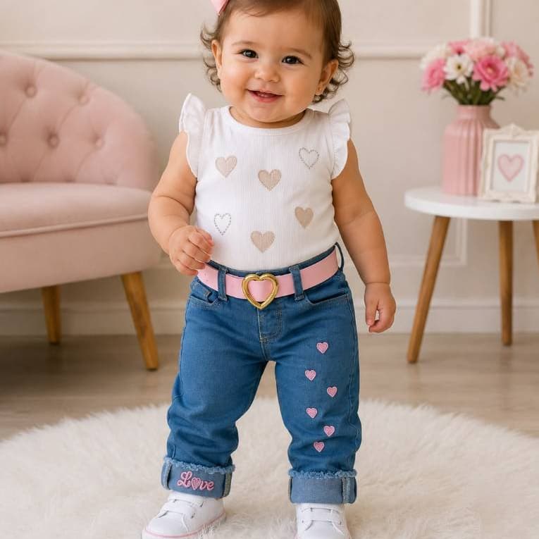 Conjunto Meninas 2 Peças Calça Jeans Bordado Coração e Blusa Coração 01 a 06 anos