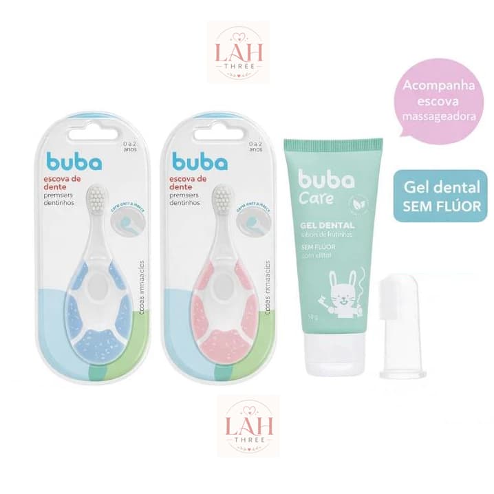 Kit Escova De Dente Bebê Primeiros Dentinhos Azul Rosa + Gel Dental Sem Fluor Com Massageadora Bucal Buba