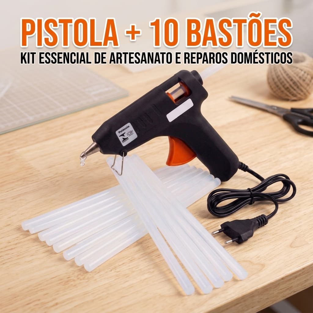 Pistola + 10 Bastões Cola Quente 110V 220V Profissional Revólver Artesanato Escolar Multiuso
