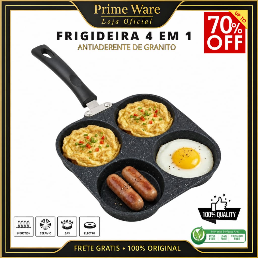 Frigideira Multifuncional Antiaderente 4 Em 1 Para Ovos, Hambúrguer e Omelete com Cabo De Madeira
