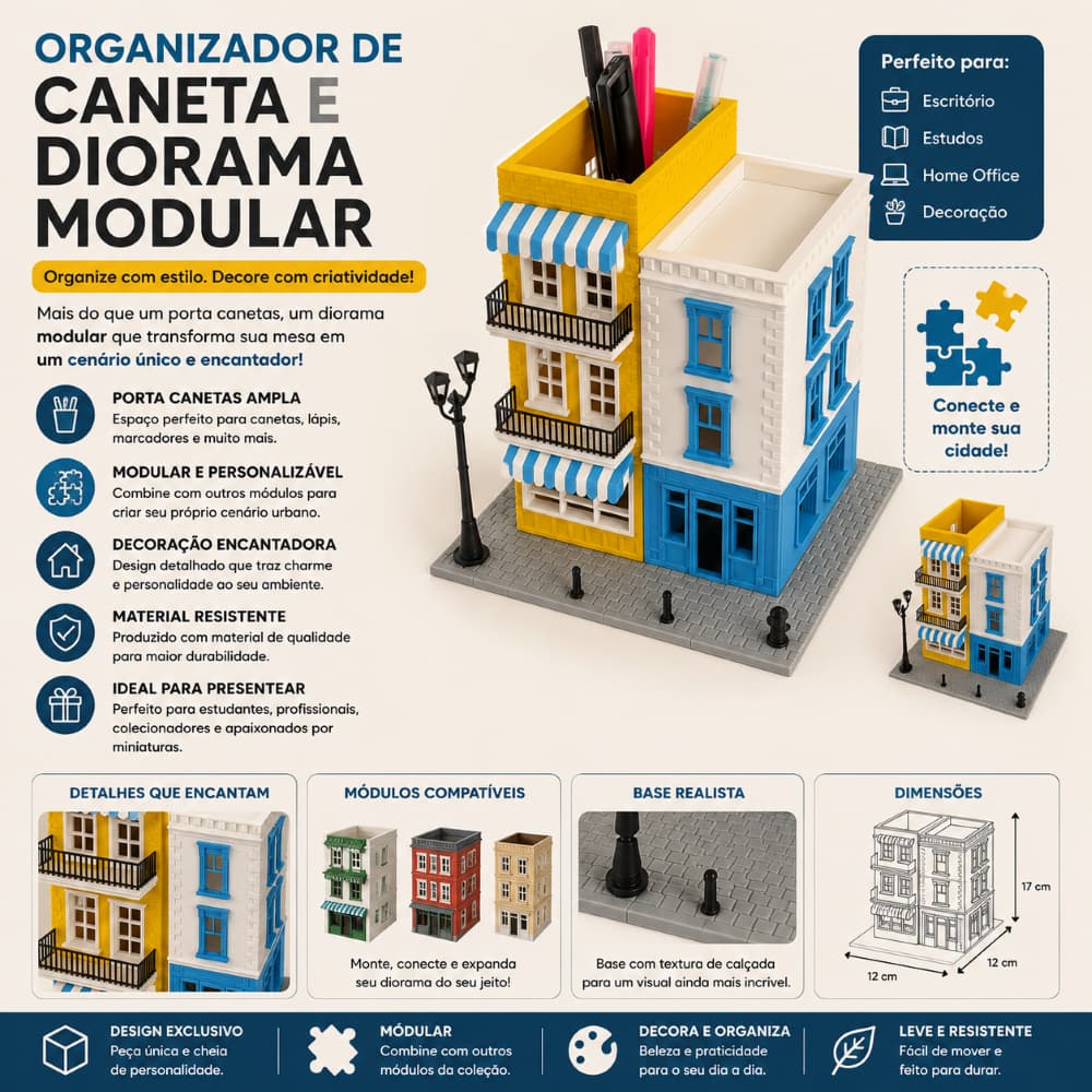 Organizador Diorama Modular | Porta Canetas Decorativo em Miniatura | Organizador de Mesa Premium