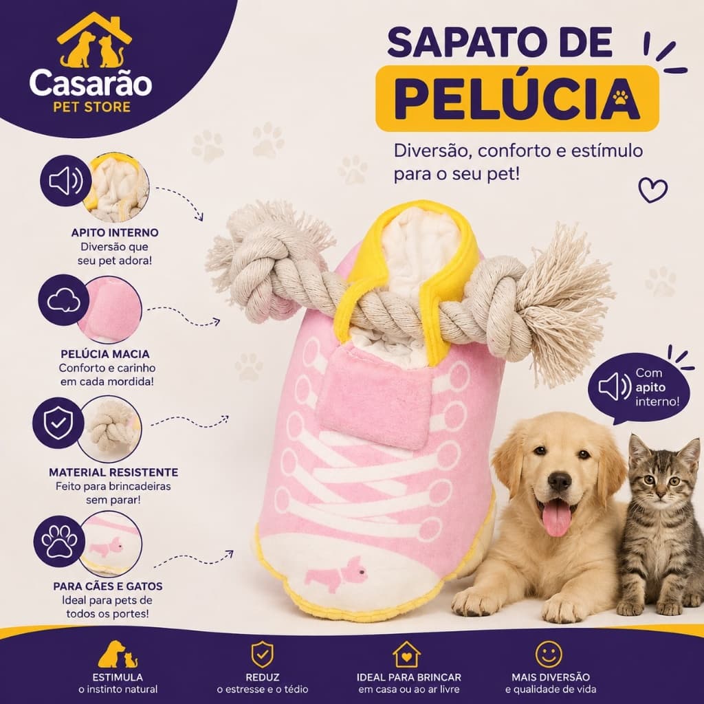 Sapato de Pelúcia para Cães e Gatos com Apito Interno – Brinquedo Interativo e Resistente