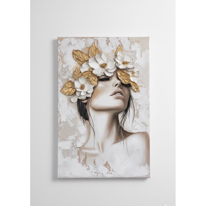 Quadro Decorativo de Parede  Floral Dourado e Branco - Decore com Elegância Quadro Escultura Feminina com Toques de Ouro