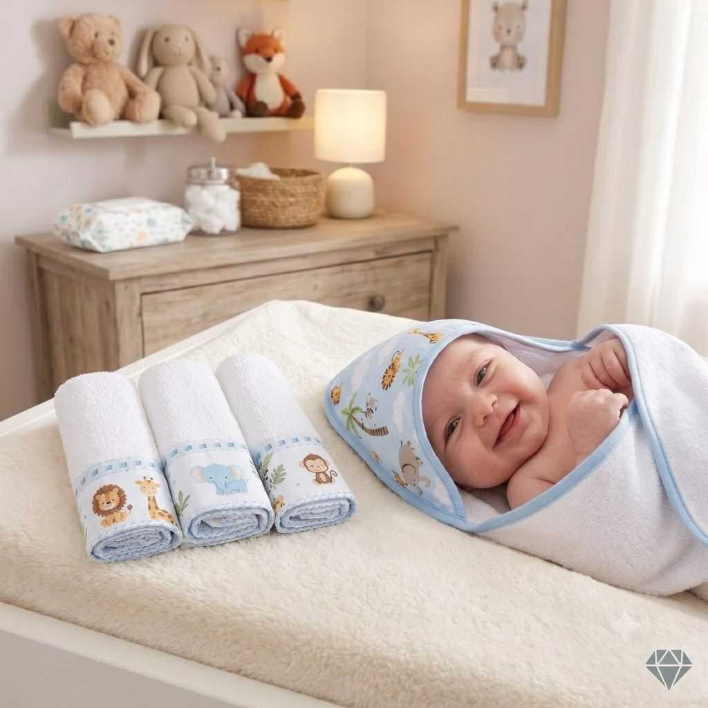 Kit Toalha Felpuda de Banho Bebê + 3 Fraldinhas de Boca Macia Menina Menino Capuz Toalhinha