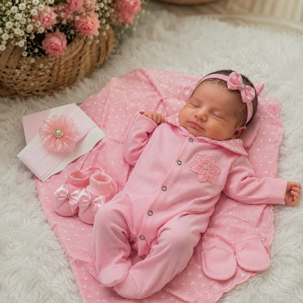 Saída de Maternidade Conjunto Menina Bebe RN Kit Com 5 Peças 100% Algodão