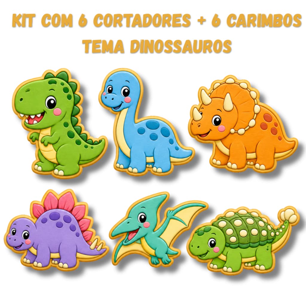 Kit 6 Cortadores de biscoito e marcadores Dinossauros - Cookie, Pasta americana, Confeitaria