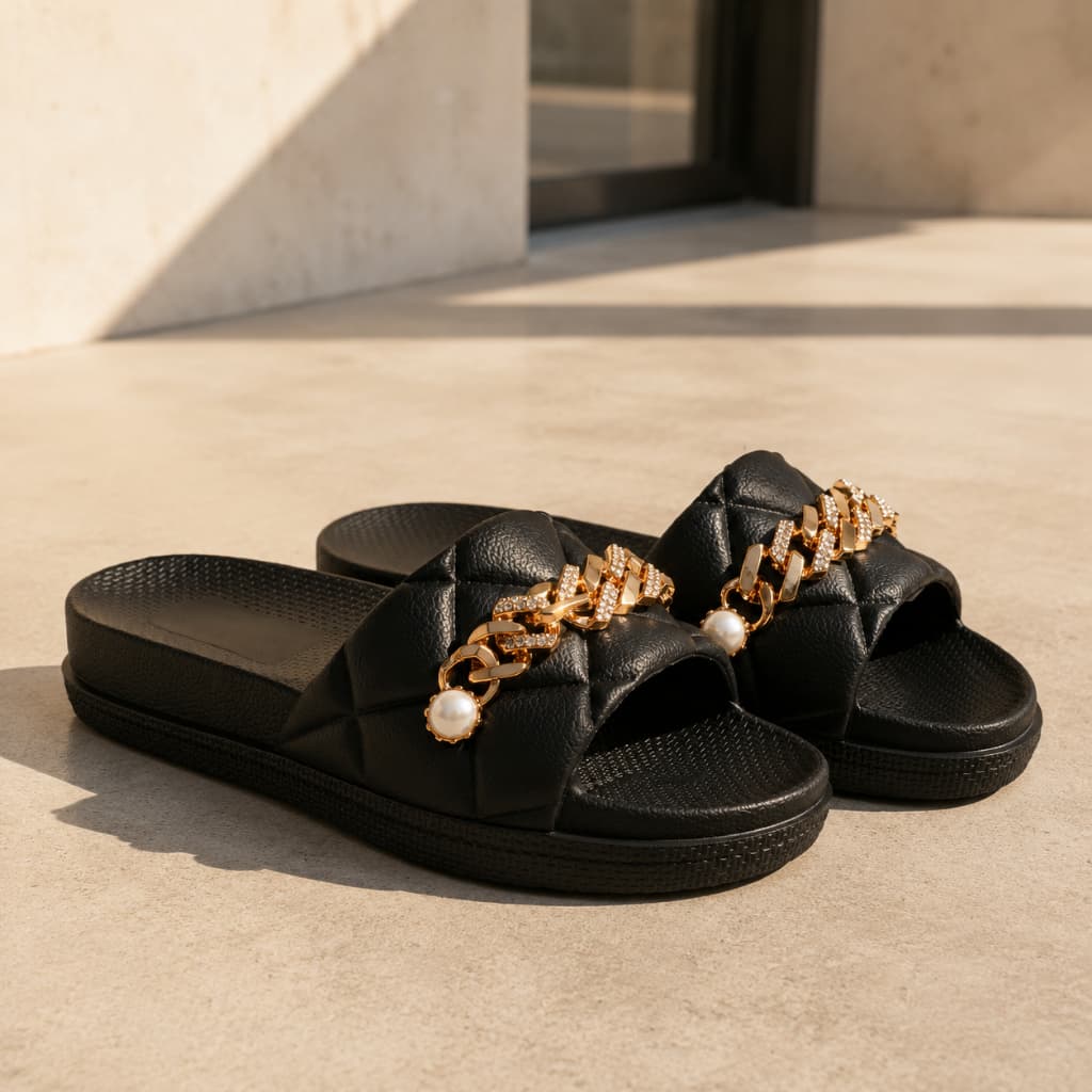 Chinelo Slide Nuvem Feminino 100% EVA Macio Confortável Corrente Strass Pérola Luxo Praia Dia a Dia