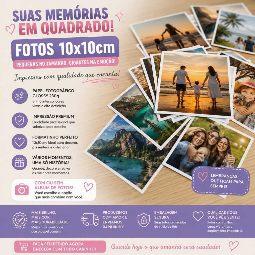 Fotos 10x10cm Personalizadas - Kits com 10, 20, 30, 50 Fotos Impressas - Papel Fotográfico Glossy