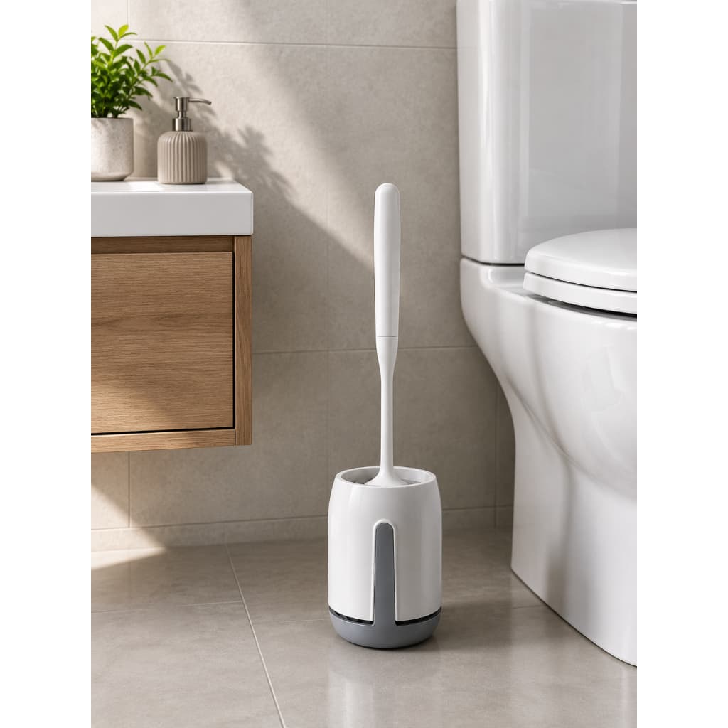 Escova Sanitária Silicone com Suporte de Parede Cinza e Branco | Porta Escova para Banheiro