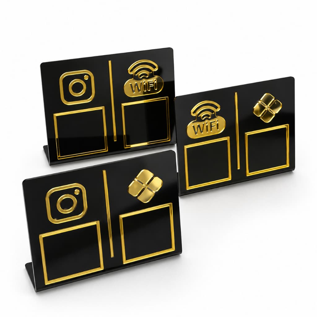 Placa QR Code Acrílico WiFi Pix Instagram | 2 QR Codes Mesa | Preto com Dourado 16x13cm