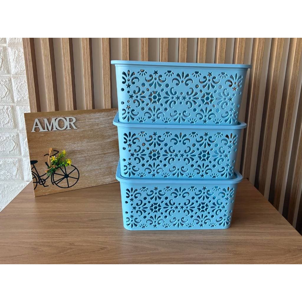 Kit com 3 Caixas Organizadoras Oriental Azul Com Tampa-  3,5 LITROS – Organização Prática Empilhável Armazenamento