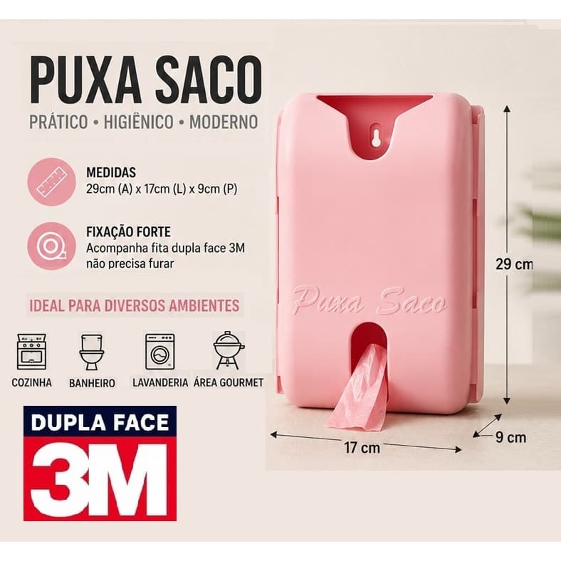 Puxa Saco / Dispenser para Parede Rosa Claro Fixação 3M
