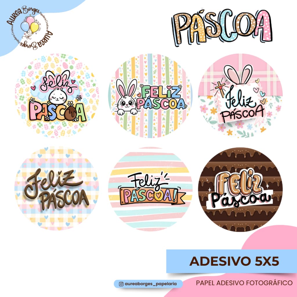 Adesivo Feliz Páscoa 5x5 cm Redondo para Embalagens Doces Ovos de Páscoa Kit Confeitaria