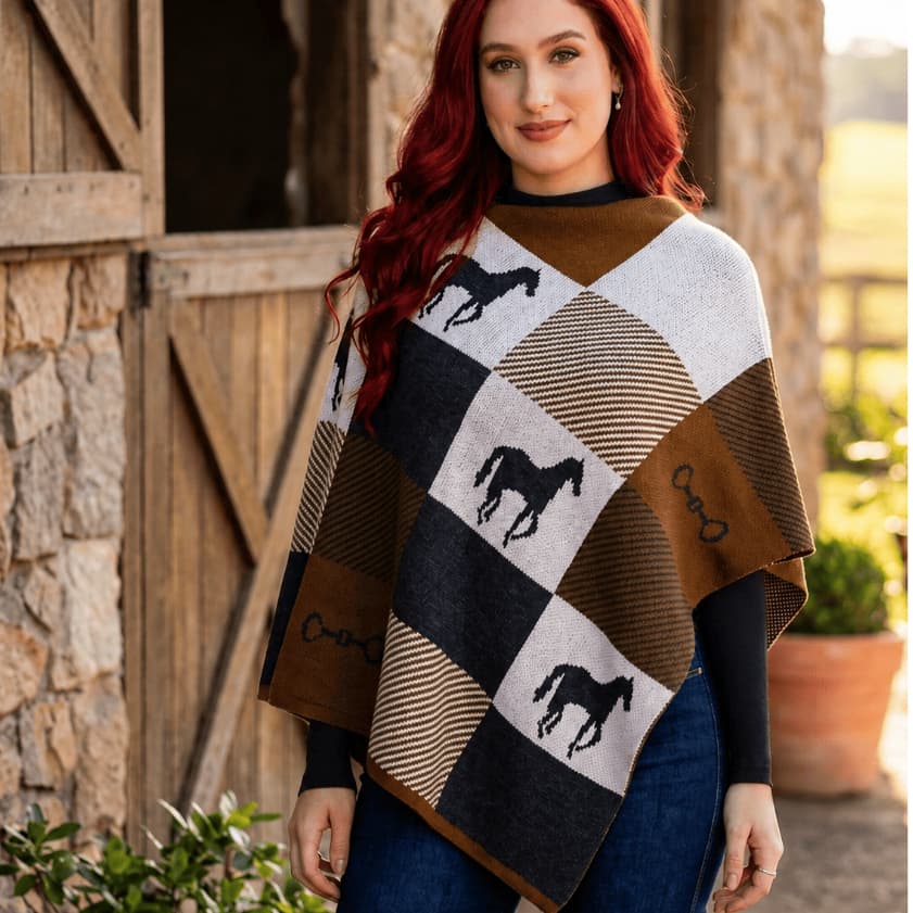Poncho Transversal Feminino Cavalo Estribo Campeiro Capa Pala Gaúcho Tricot Inverno Baile Pampa Rodeio Country Equestre