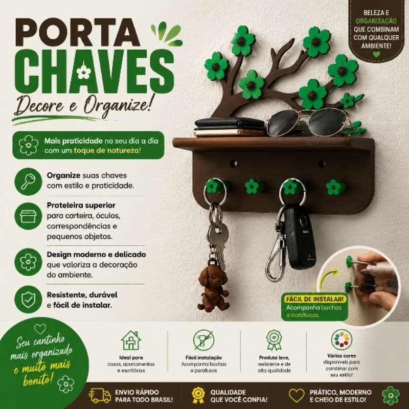 Porta-Chaves Decorativo Árvore Floral – Organização e Charme para sua Casa!