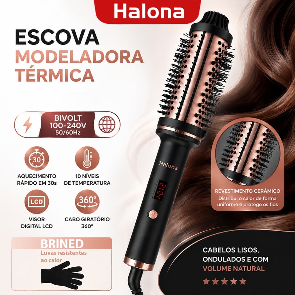 Halona Escova Modeladora Térmica Bivolt 100-240V 3 Em 1 Para Cabelo Seca Alisa Modela Profissional Com Display Digital