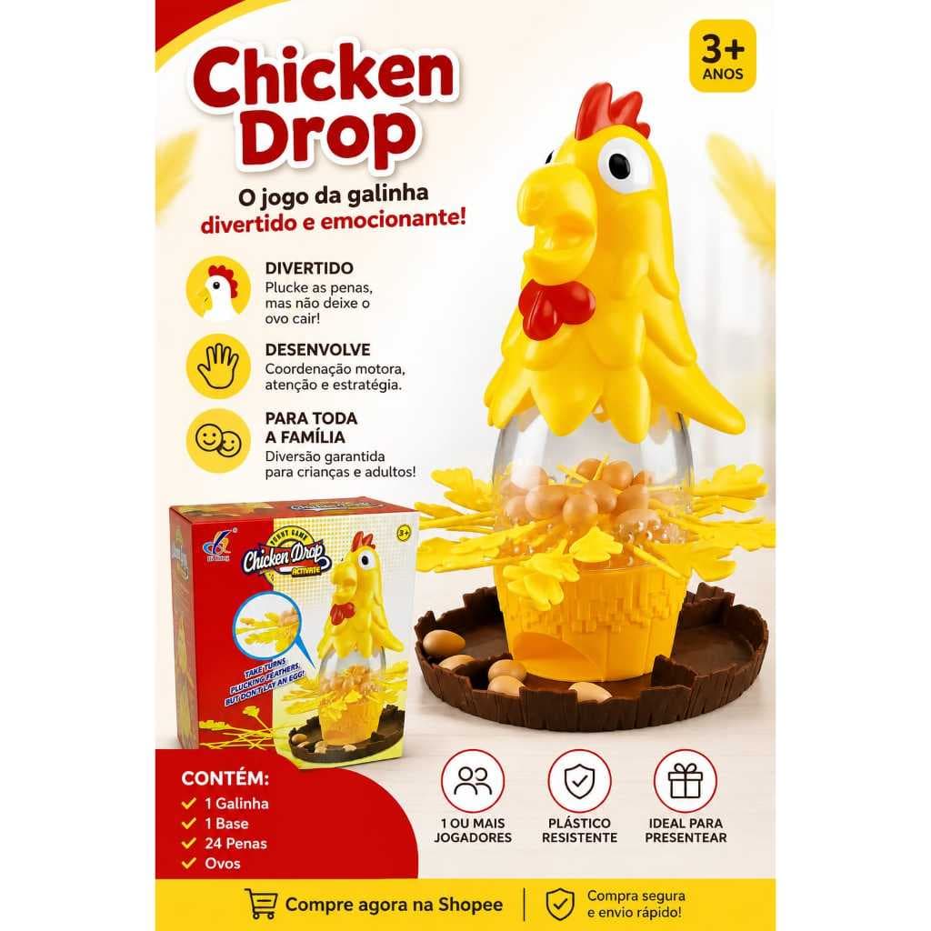 Jogo da Galinha Tira Penas Chicken Drop com Ovos | Brinquedo Interativo Infantil +3 Anos