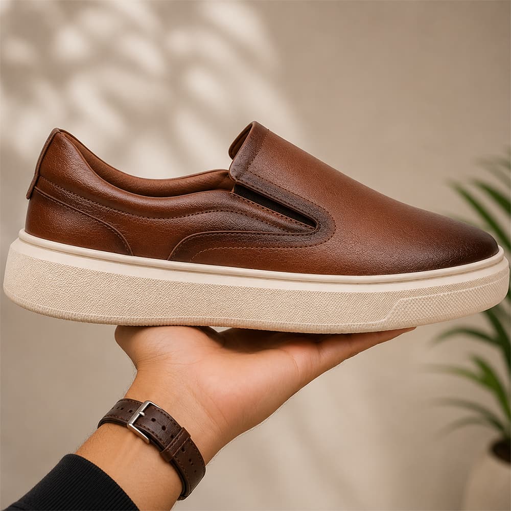 Tênis Masculino Calça Fácil Slip On Marrom Terracota Sola Reta Sapatênis Casual Couro Sintético Original Homem Mule