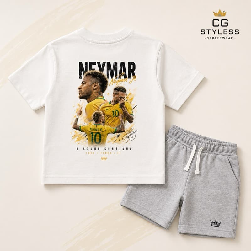 Conjunto Neymar Infantil Camiseta Manga Curta + Short Moletinho Menino Futebol Premium