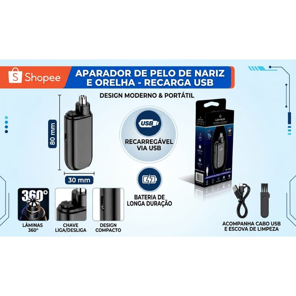 Aparador 360 graus 3 em 1 Elétrico Recarregavel Portatil Para Nariz Orelha Rosto - Promoção