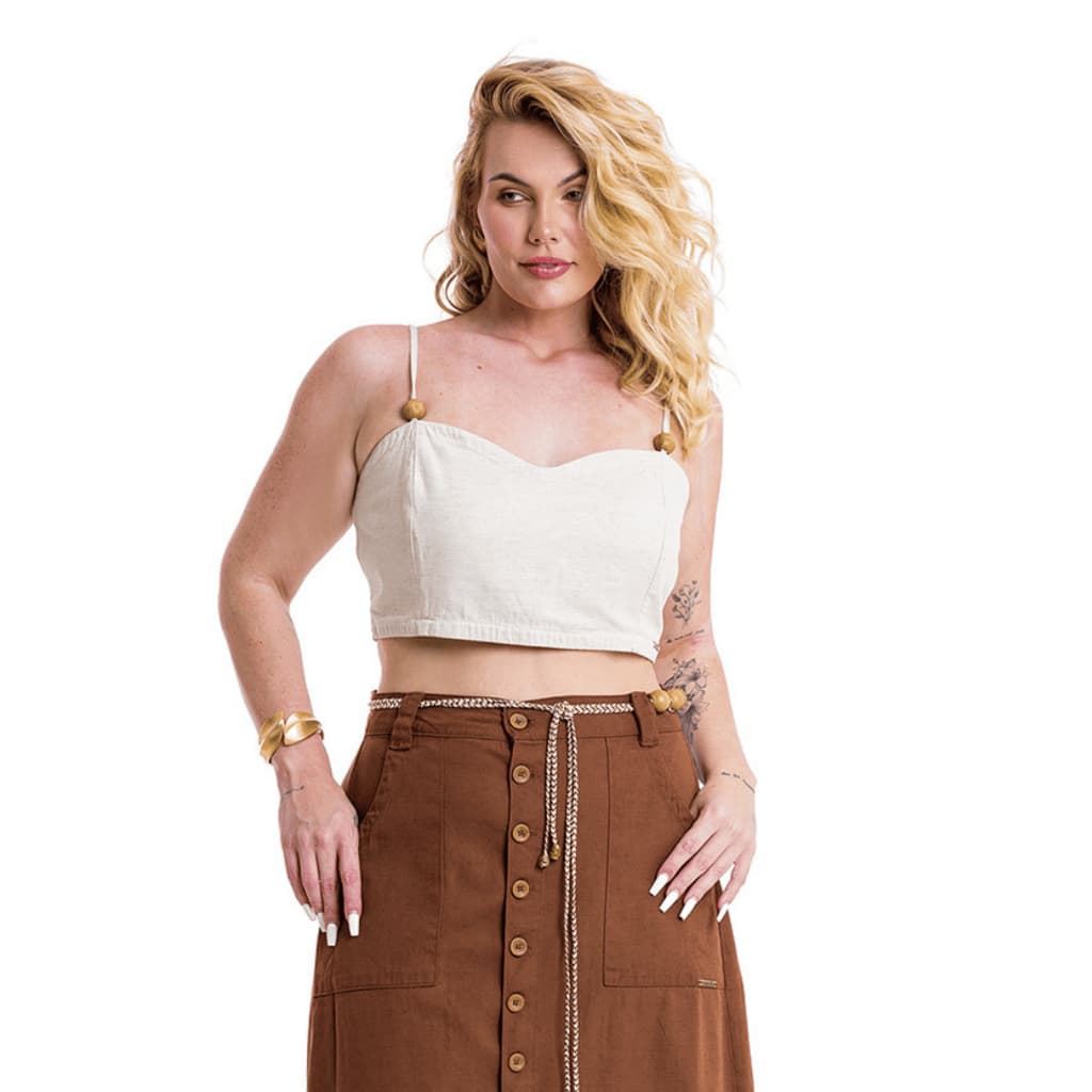Cropped Top De Linho Moda Plus Size 2 em 1 com Faixa e Zíper nas Costas