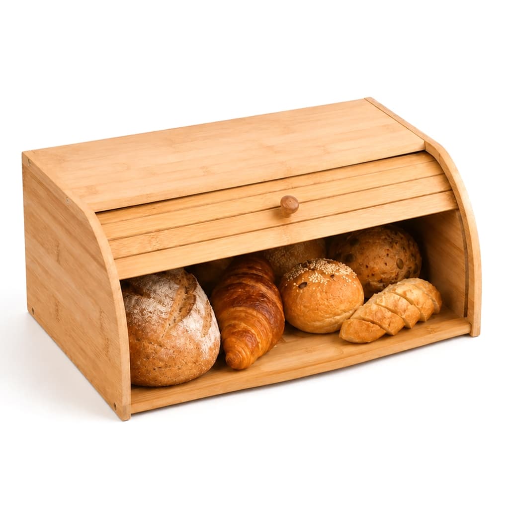 Porta Pao em Bambu Guarda Paes Bolo Massas Para Armazenamento Tampa Retrátil Mimo Style