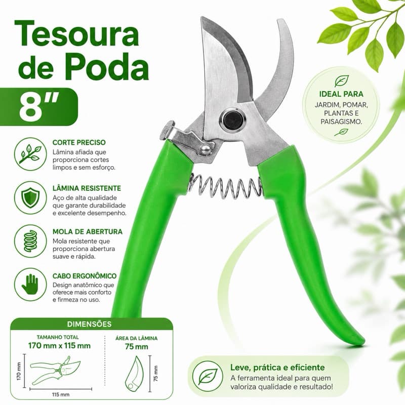Tesoura de Poda 8 Polegadas Profissional com Mola para Jardim Plantas Flores Galhos e Pomar
