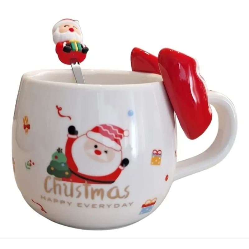 Caneca De Natal, 400ml, Estampada, Colher, Laço Em Relevo