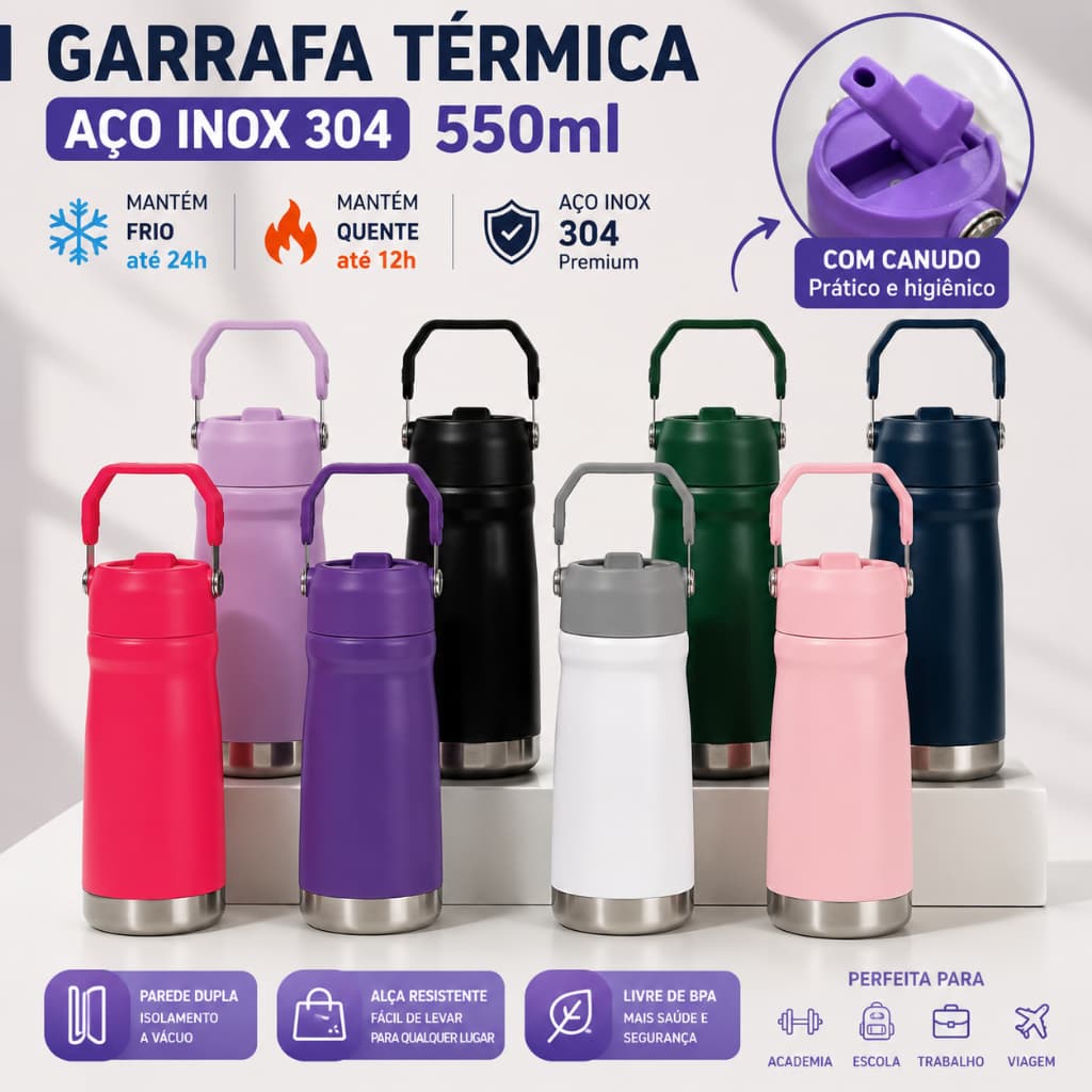 Garrafa Térmica Aço Inox 304 550ml com Canudo Alça Parede Dupla Portátil