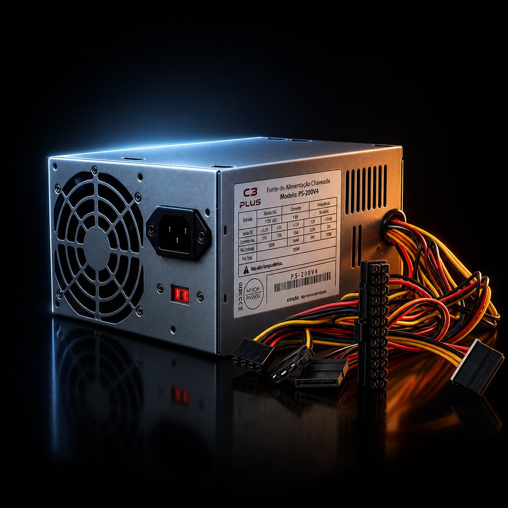 Fonte De Alimentação Para PC ATX 200W C3Tech C3Plus PS-200V4 Bivolt 115V/230V Cooler Silencioso