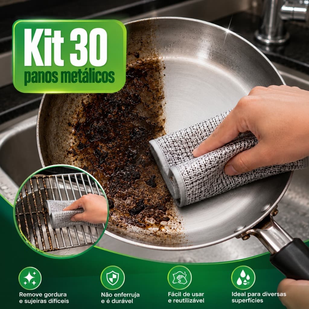 Kit até 30 Panos de Limpeza Reutilizável Metálico Não Risca Multiuso Cozinha Pia Fogão Prato Panela Grelha Gordura