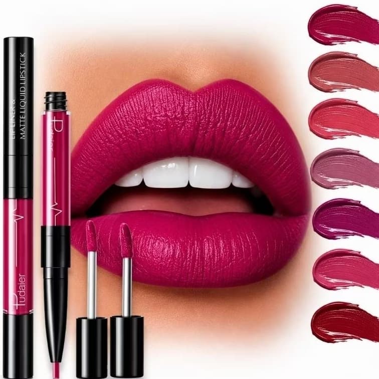 Batom Líquido Matte 2 em 1 com Delineador Labial | Kit Contorno Boca Definido | Longa Duração Não Borra | Lápis Boca