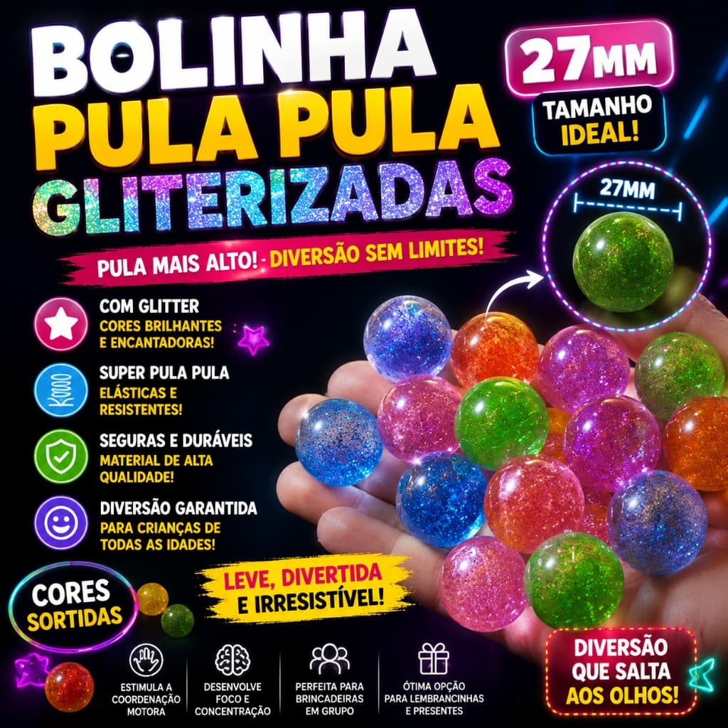 Bolinha Pula Pula Glitter 27mm 50 UNID Colorida Super Elástica Brinquedo Lembrancinha Festa Infantil