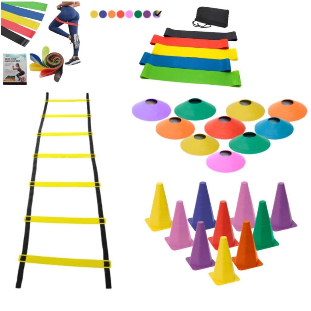 Kit Funcional Treino Agilidade 10 Cones 10 Chapeus Chines Escada 7 Degraus 1 Kit 5 Faixas Mini Bands