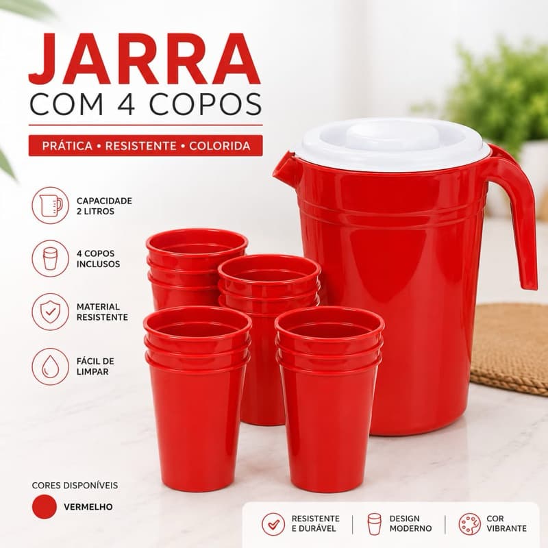 Jarra 2 Litros com 4 Copos Resistente e Moderna – Kit Completo para Sua Cozinha