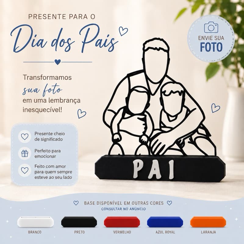 Presente Dia dos Pais Personalizado com Foto | Escultura Line Art Família | Decoração Personalizada