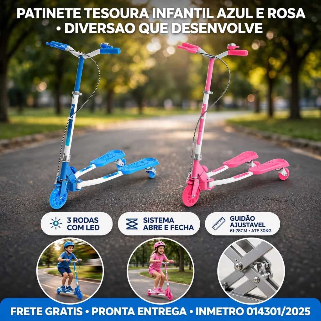 Patinete Infantil 3 Rodas Dobrável Abre Fecha LED Guidão Ajustável Menina Menino 3 Anos Até 30kg Azul Rosa