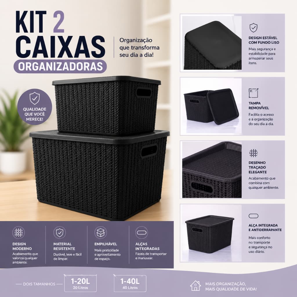 caixa organizadora rattan 40 litros com tampa preta multiuso