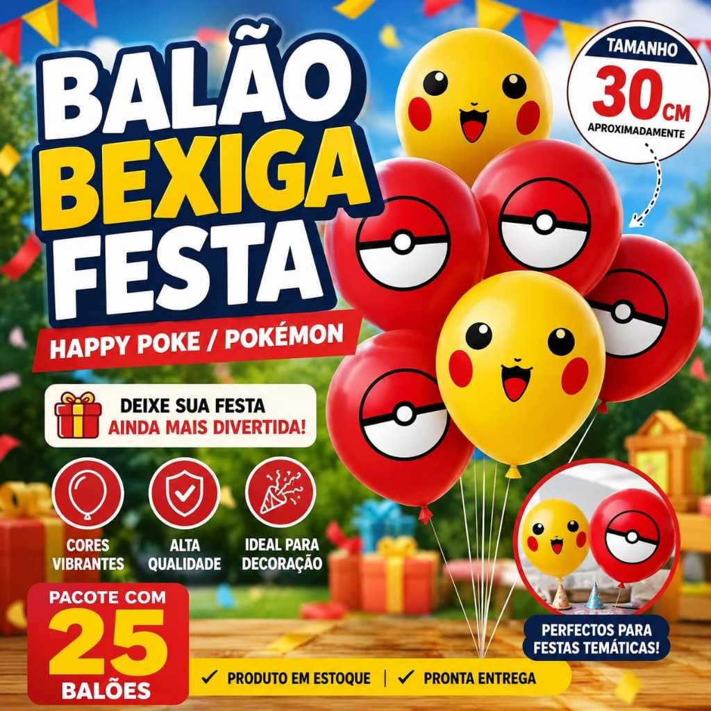 25 Balão Bexiga FESTA E DECORAÇÃO Pokemon Pokebola 11 pol Redondo