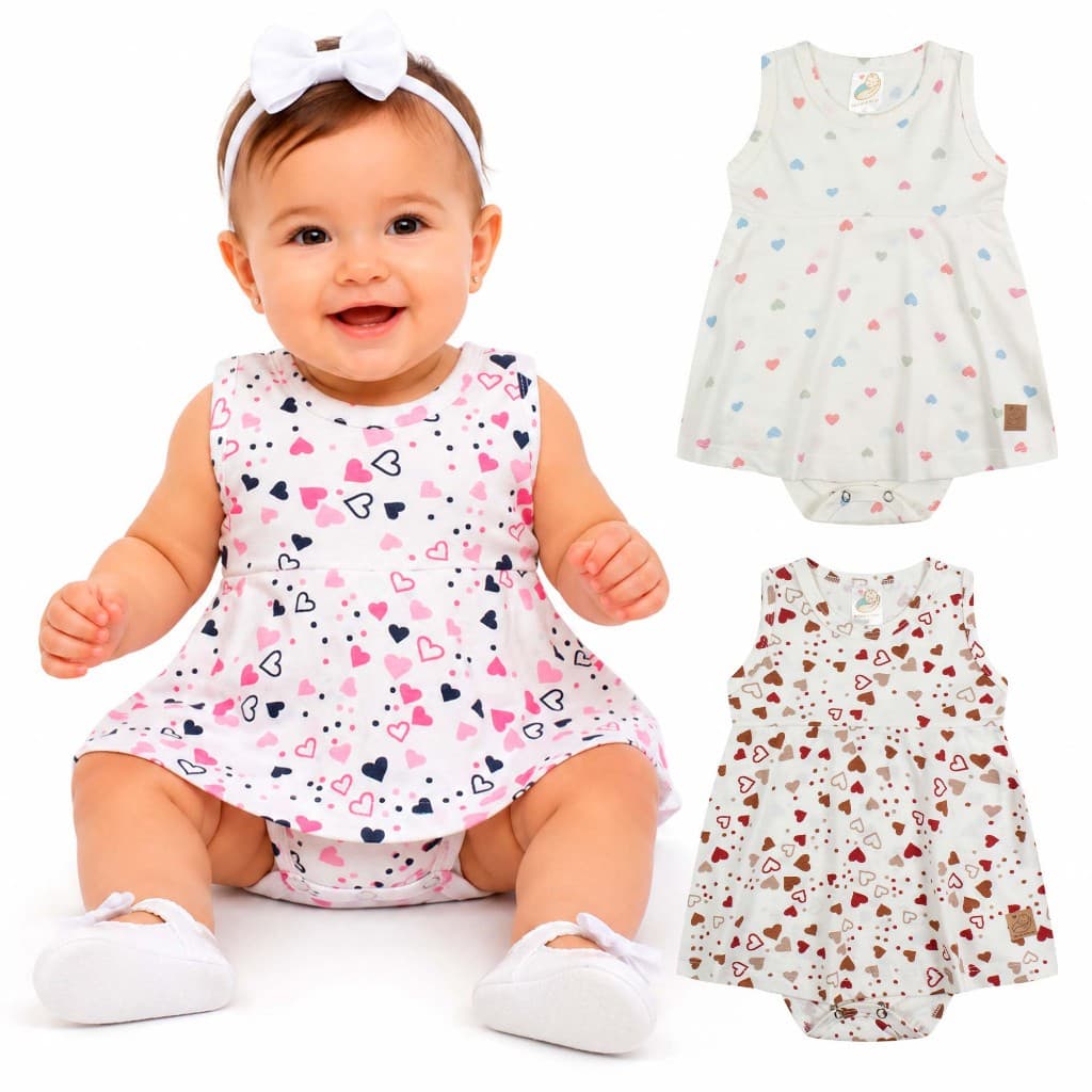 Body Vestido Saia Bebê Menina Regata Avulso/ Kit 2 ou 3 Peças Estampado e Liso Corações Verão