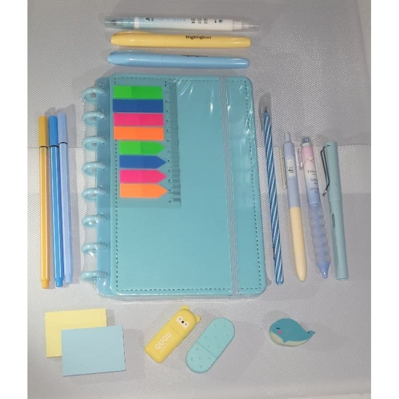 Kit Escolar Papelaria Fofa Kawaii Azul 16 Itens|Caderno de Discos A5|Kit Completo|Presente Criativo